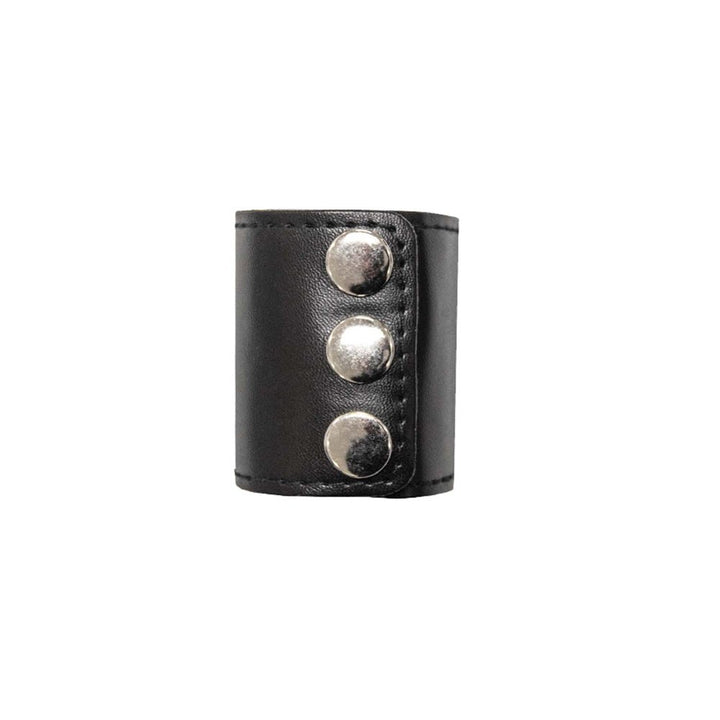 Black leather ball stretcher with three silver snap buttons for adjustable fit and comfort.