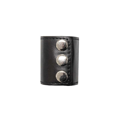Black leather ball stretcher with three silver snap buttons for adjustable fit and comfort.