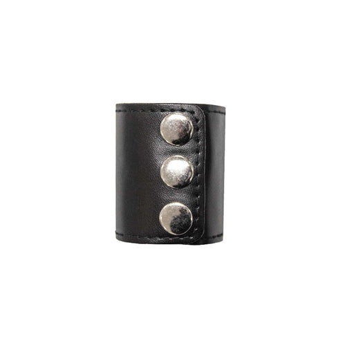 Black leather ball stretcher with three silver snap buttons for adjustable fit and comfort.