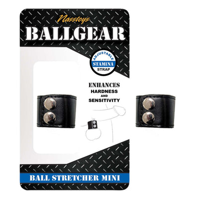 Black leather ball stretcher mini with adjustable stamina strap, displayed on branded packaging.