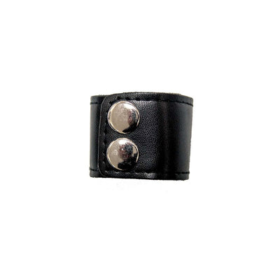 Black leather ball stretcher mini with two silver snap buttons for adjustable fit
