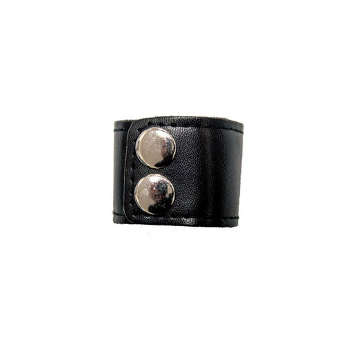 Black leather ball stretcher mini with two silver snap buttons for adjustable fit
