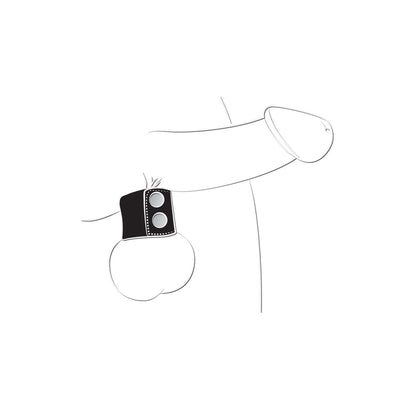 Illustration of a black adjustable ball stretcher worn around the base of the scrotum.