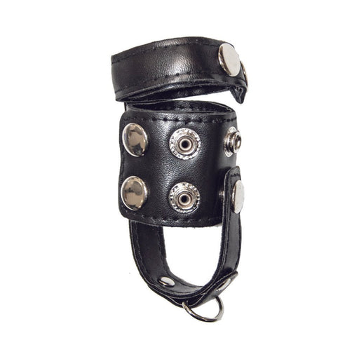 Black vegan leather ball stretcher with adjustable metal snaps and a D-ring for accessory attachment.
