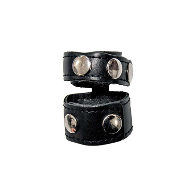 Black adjustable leather cock strap with metal studs and ball stretcher design.