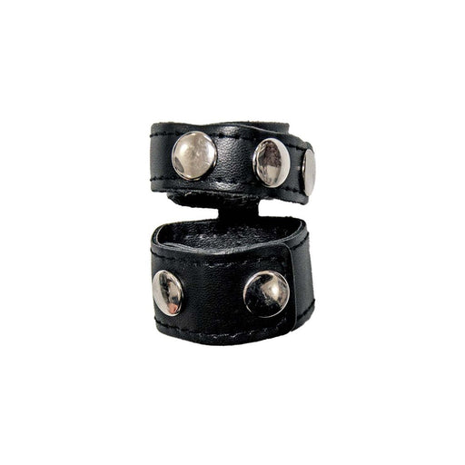 Black adjustable leather cock strap with metal studs and ball stretcher design.