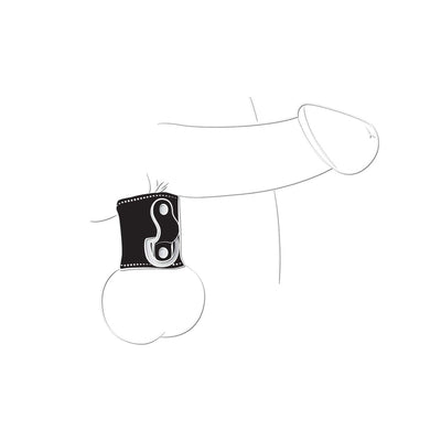 Illustration of a black mini ball stretcher with D-ring worn around the base of the scrotum.