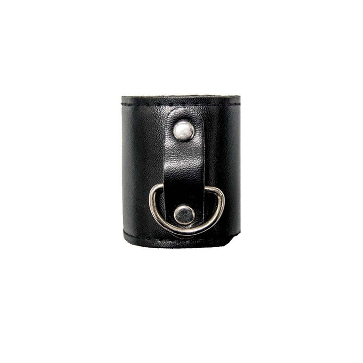Black leather mini ball stretcher with attached silver D-ring and snap closure detail.
