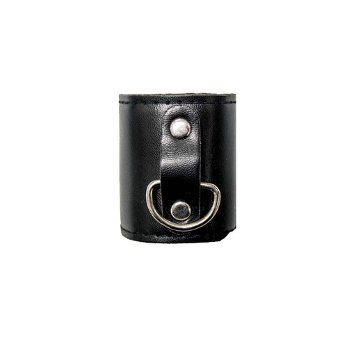 Black leather mini ball stretcher with attached silver D-ring and snap closure detail.