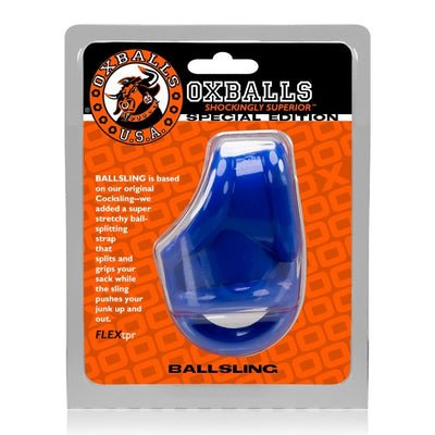 OxBalls Ballsling Ball-Split-Sling in blue flexible material in retail packaging with orange and black branding.