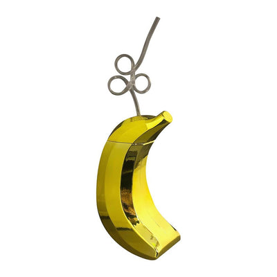 Shiny metallic yellow banana-shaped cup with a playful curly straw on a white background.