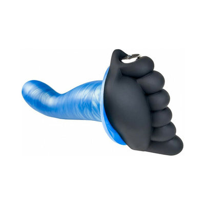 Black silicone foot-shaped grind pad attached to a blue textured dildo for enhanced intimate play.