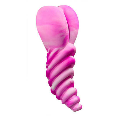 Pink and white swirl silicone hybrid pleasure toy with ribbed spiral design and curved top cushion.