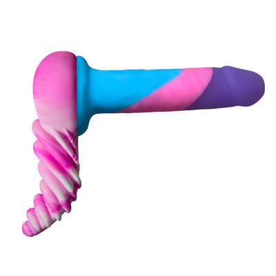 Colorful silicone Banana Pants Luvgrind Swirl with ribbed curved cushion and smooth shaft in blue, pink, and purple tones.