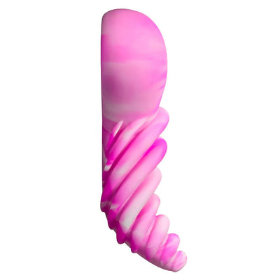 Pink and white swirl silicone hybrid pleasure toy with a curved, ribbed design for versatile use.