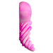 Pink and white swirl silicone hybrid pleasure toy with a curved, ribbed design for versatile use.