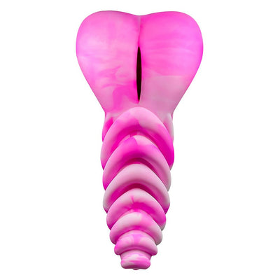 Pink and white swirl silicone hybrid pleasure toy with ribbed, curved design and heart-shaped cushion base.