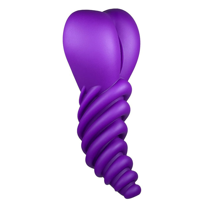 Purple spiral textured silicone adult toy with a heart-shaped top and tapered design.