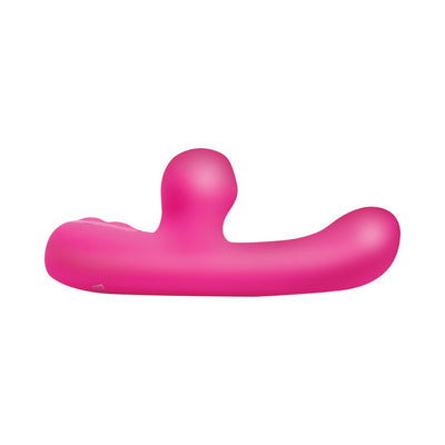Pink silicone G-spot rabbit vibrator with curved shaft and suction arm, designed for dual stimulation.