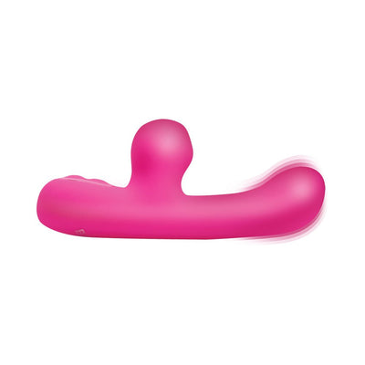 Pink silicone G-spot rabbit vibrator with curved shaft and suction arm, designed for dual stimulation.