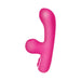 Pink silicone G-spot rabbit vibrator with curved shaft and suction arm for clitoral stimulation.