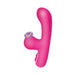 Pink silicone G-spot rabbit vibrator with curved shaft and suction arm for clitoral stimulation.