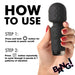Hand holding black textured mini silicone wand with usage instructions for power and vibration settings.