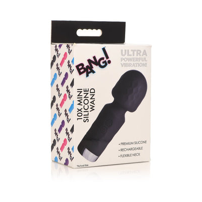 Packaging box of BANG! 10X Mini Silicone Wand showing product image and key features like premium silicone, rechargeable, and flexible neck.