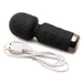 Compact black silicone mini wand vibrator with textured head and USB charging cable on white background.