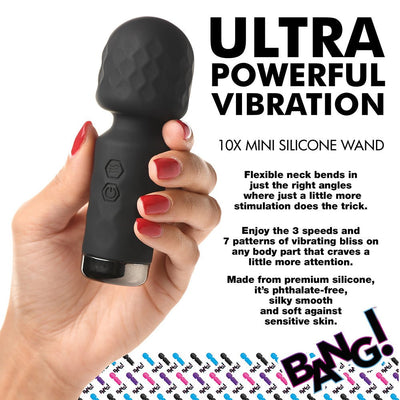 Hand holding a black BANG! 10X Mini Silicone Wand with textured head and control buttons, shown with product features text.