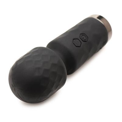 Compact black silicone mini wand vibrator with textured head and control buttons on handle.