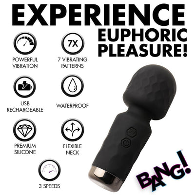 Black mini silicone wand vibrator with flexible neck, textured head, and control buttons, shown with feature icons and bold text.