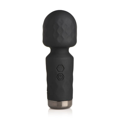 Compact black silicone mini wand vibrator with textured head and control buttons on handle.