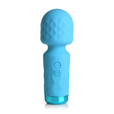 Compact blue silicone mini wand with textured head and control buttons, designed for versatile stimulation and travel.