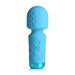 Compact blue silicone mini wand with textured head and control buttons, designed for versatile stimulation and travel.