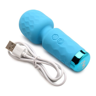 Blue mini silicone wand vibrator with textured head and USB charging cable on white background.