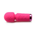 Compact pink silicone mini wand vibrator with textured head and control buttons on handle, shown on white background.