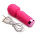 Compact pink silicone mini wand vibrator with textured head and USB charging cable on white background.