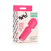 Packaging box of BANG! 10X Mini Silicone Wand in pink with product image and features listed on front.