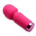 Compact pink silicone mini wand vibrator with textured head, flexible neck, and control buttons on handle.