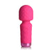 Compact pink silicone mini wand vibrator with textured head and control buttons on handle.