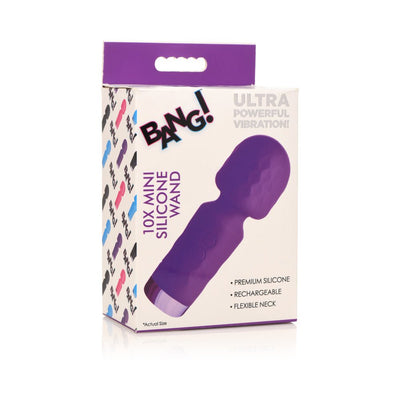 Packaging box of BANG! 10X Mini Silicone Wand in purple with product image and key features listed.