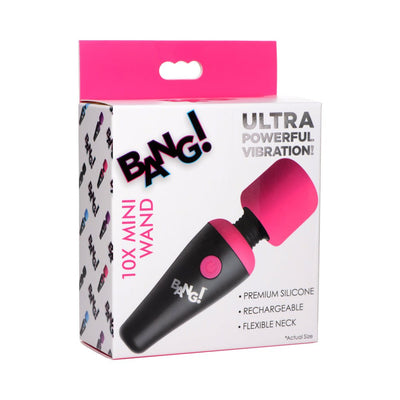 Packaging box of BANG! 10X Vibrating Mini Wand in black and pink with product features and branding.