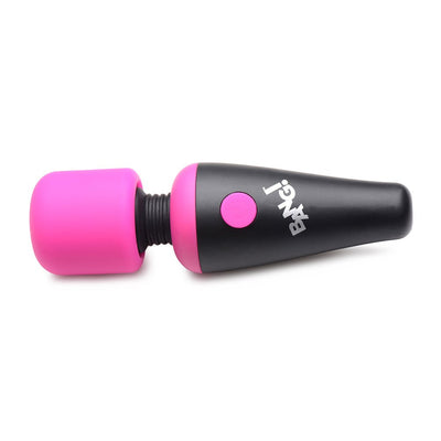 Compact black and pink mini vibrating wand with flexible neck and single button control on white background.