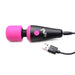 Compact black and pink mini wand vibrator with flexible head and USB charging cable on white background.