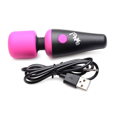 Compact black and pink mini vibrating wand with flexible head and USB charging cable on white background.