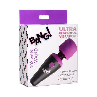 Packaging box of BANG! 10X Mini Wand vibrator in black and purple with product features and branding.