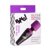 Packaging box of BANG! 10X Mini Wand vibrator in black and purple with product features and branding.