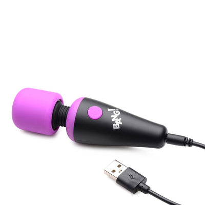 Compact black and purple mini wand vibrator with flexible neck and USB charging cable on white background.