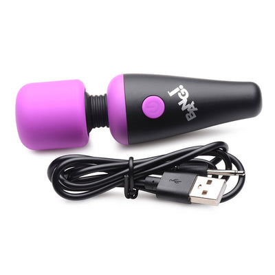 Compact black and purple mini vibrating wand with flexible head and USB charging cable on white background.
